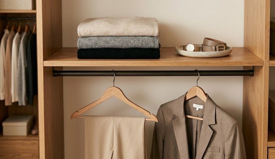 Closet shelf with folded neutral sweaters, sand trousers, and taupe blazer.