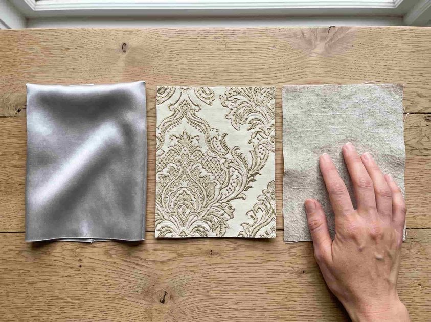 Fabric swatches comparing shiny, stiff, and soft matte textures for garment quality assessment.