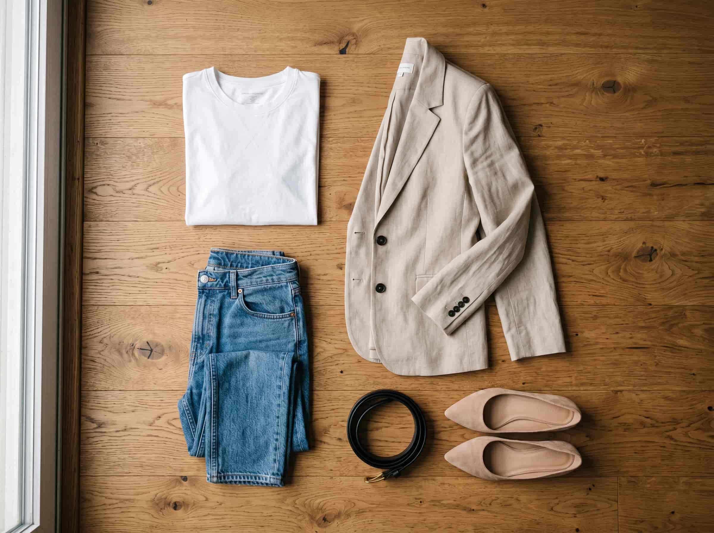 Jeans and tee finished outfit flat lay Polished Intent Flat lay of white tee, straight jeans, beige blazer, leather belt, and nude flats.