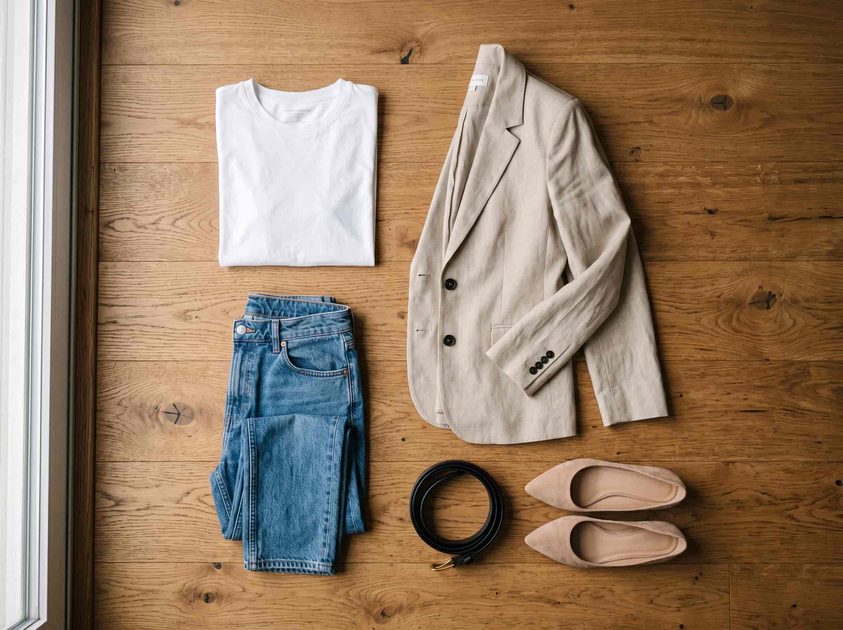 Flat lay of white tee, straight jeans, beige blazer, leather belt, and nude flats.