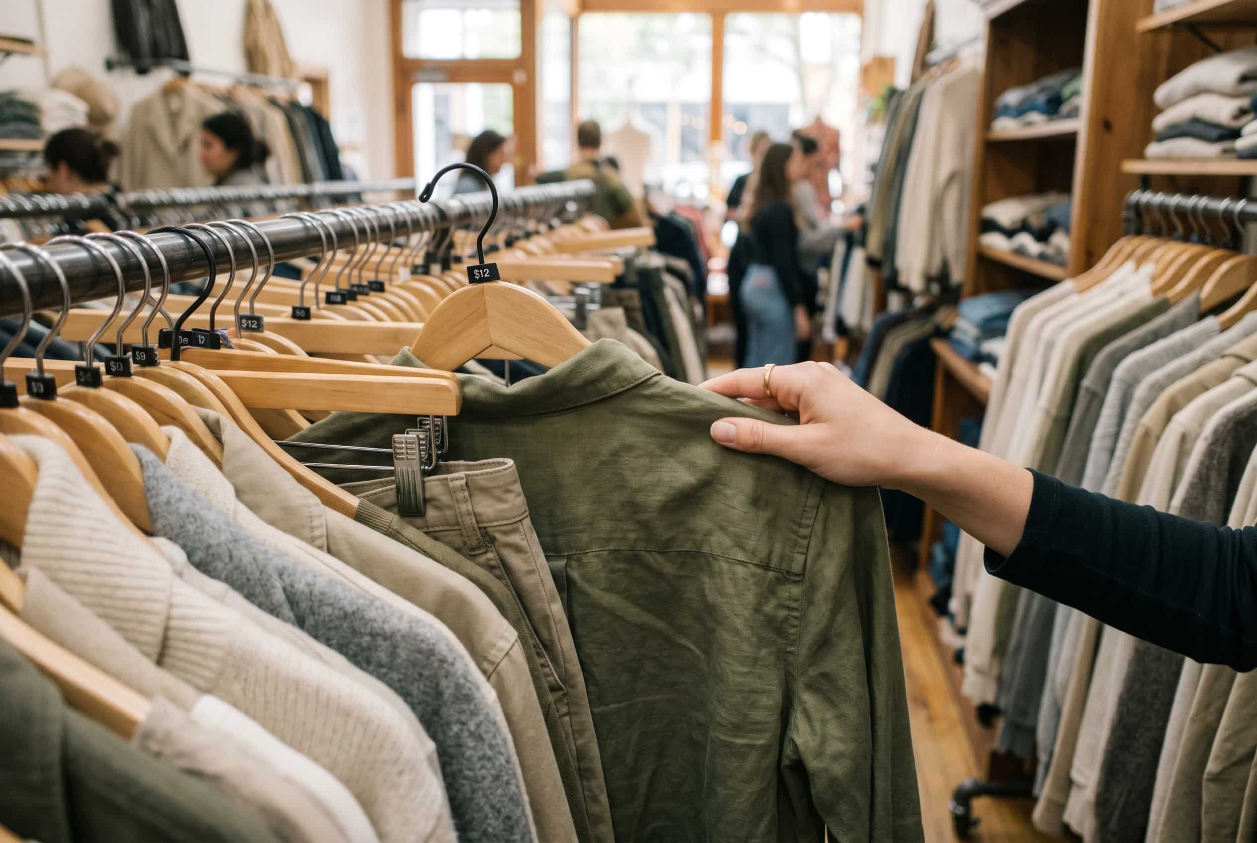Thrift store scanning for neutral basics Polished Intent First-person view of a hand pulling an olive shirt from a thrift store rack of neutral clothing.