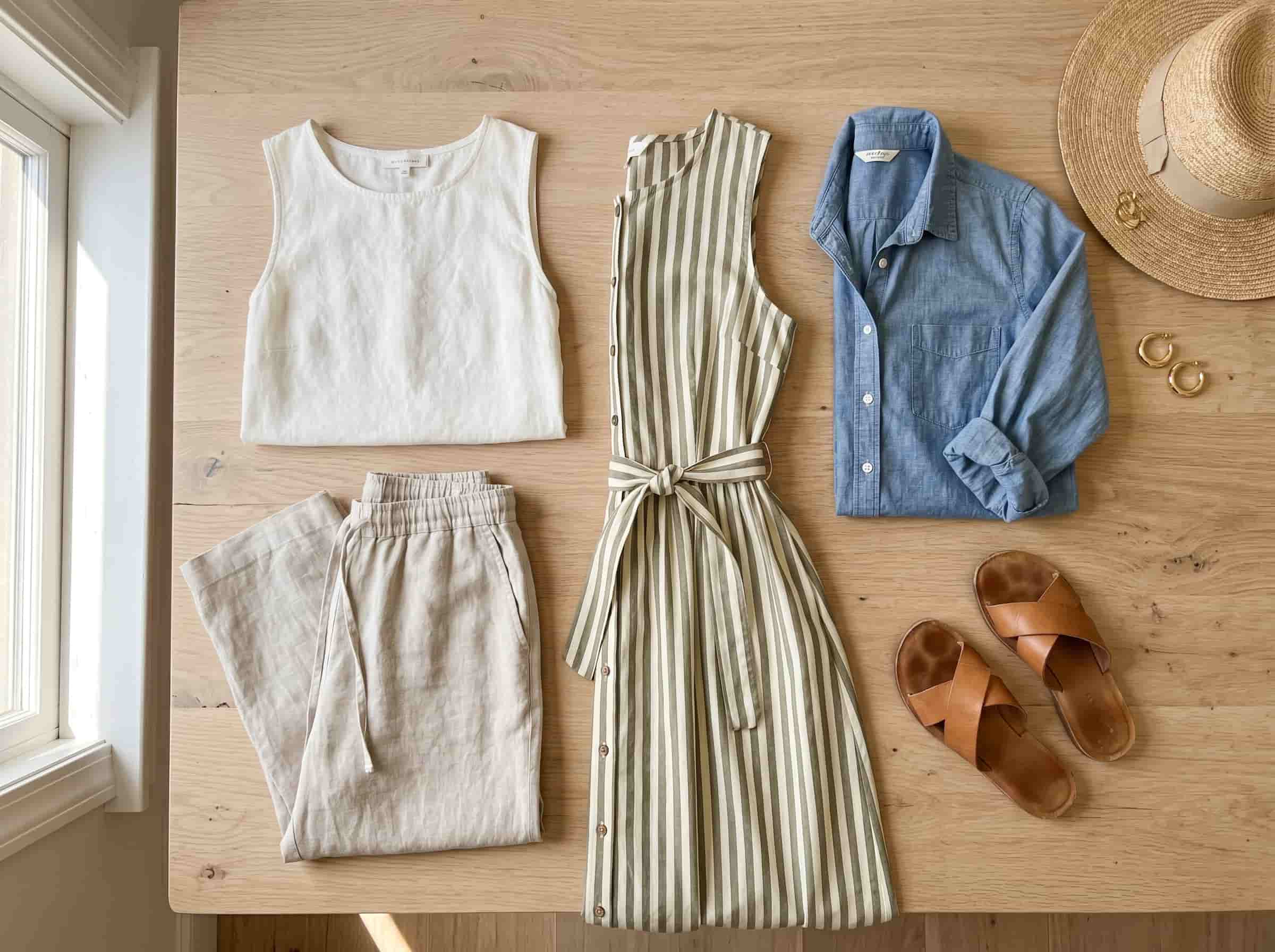 Flat lay of hot weather essentials including linen top, wide-leg trousers, cotton dress, chambray shirt, and sandals.