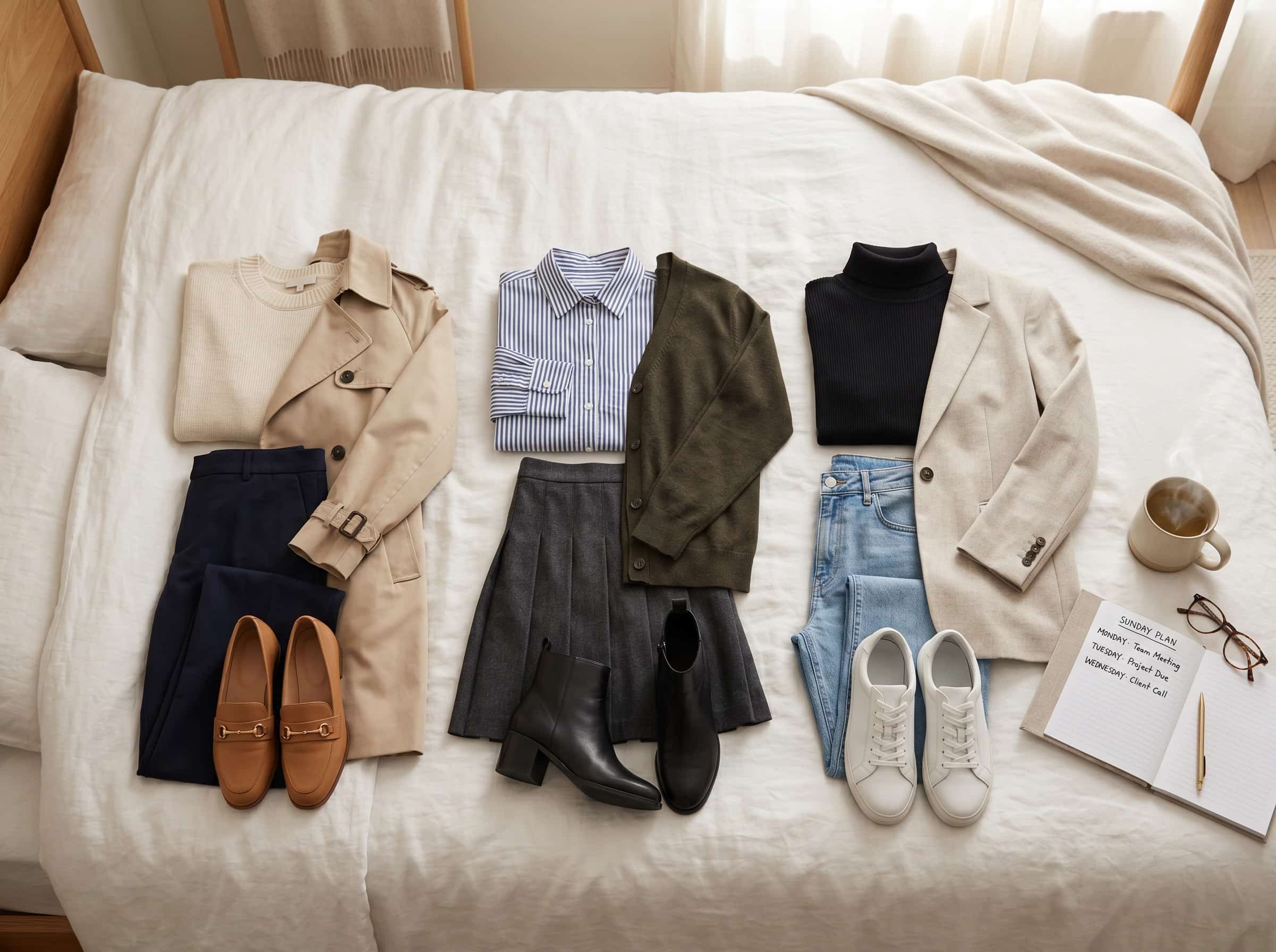 Sunday outfit planning three looks for the week Polished Intent Flat lay of three pre-planned outfits with a weekly planner notebook and cup of tea.