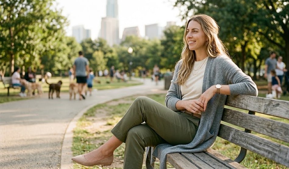 Woman wearing cream tee, olive trousers, and grey cardigan in a park, showing neutral three-way mix.