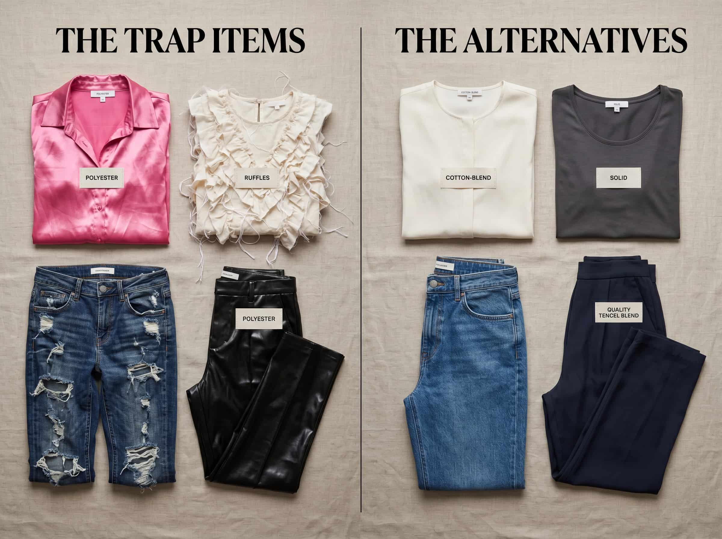 Fast fashion what to skip versus what to buy Polished Intent Flat lay comparison of fast fashion trap items versus better alternatives, including blouses, jeans, and trousers.