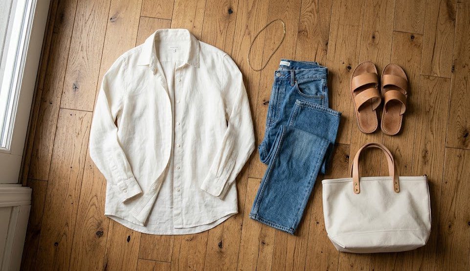 Effortless polished outfit flat lay ivory linen and jeans Polished Intent Flat lay of ivory linen shirt, jeans, slide sandals, gold necklace, and canvas tote for effortless outfit.
