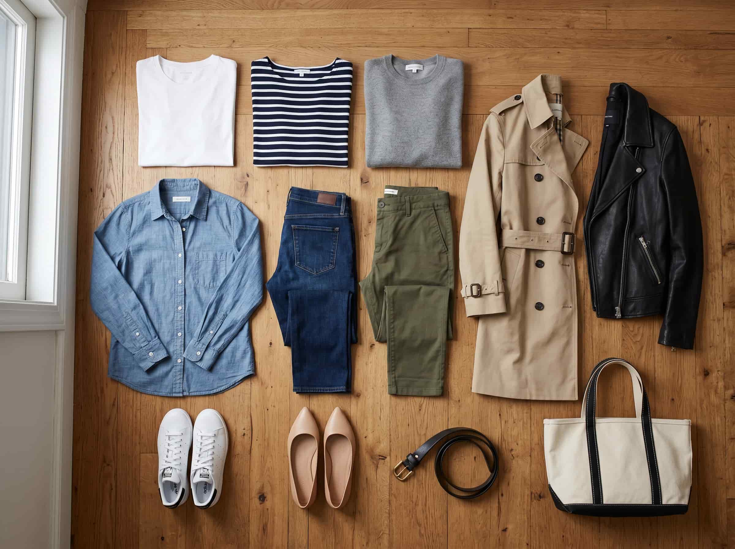 Ten basics flat lay for everyday dressing Polished Intent Flat lay of ten wardrobe basics including tops, jeans, trousers, jackets, and shoes.