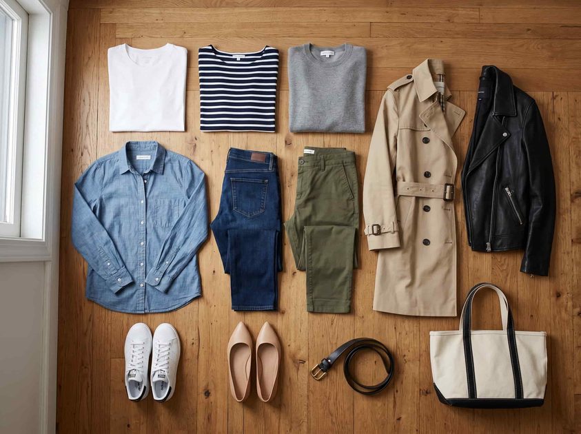 Ten basics flat lay for everyday dressing Polished Intent Flat lay of ten wardrobe basics including tops, jeans, trousers, jackets, and shoes.