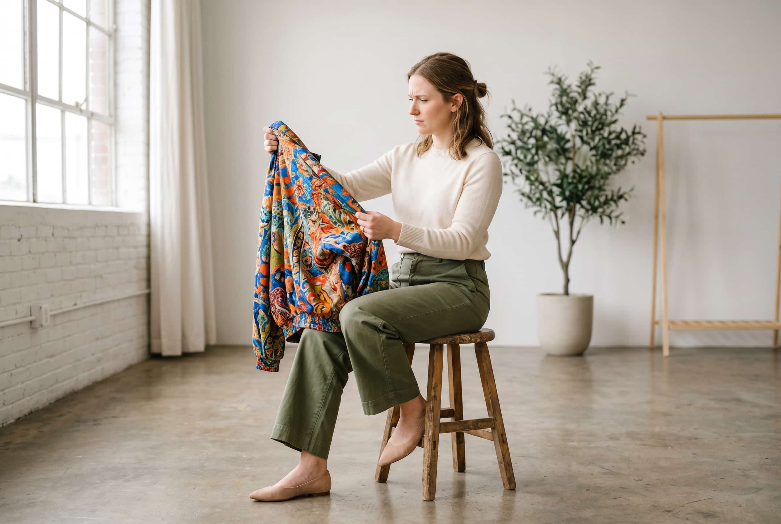 Evaluating a trend piece against personal style Polished Intent Woman in timeless neutral outfit holding a trendy patterned jacket, evaluating it thoughtfully.