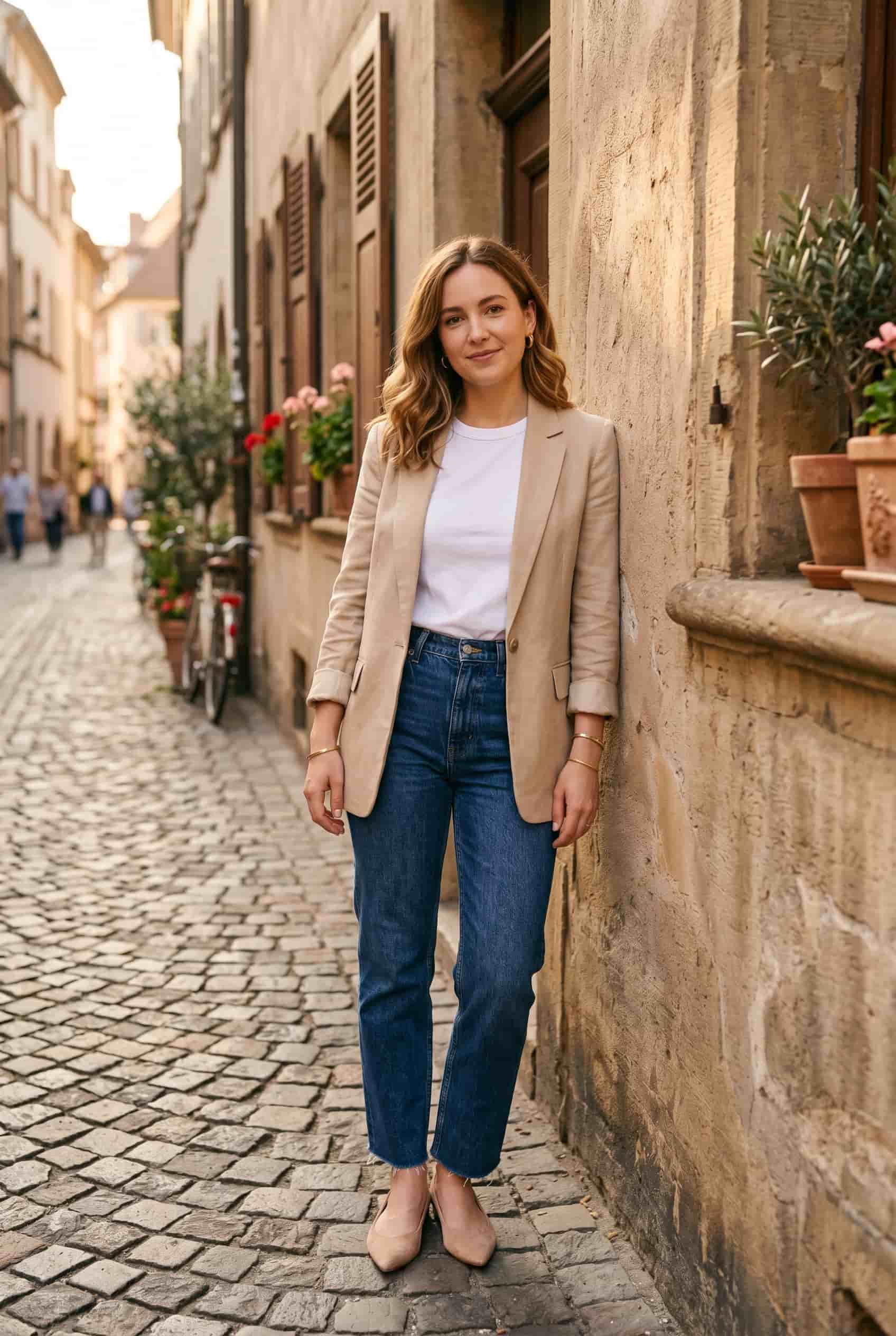 Polished jeans and tee outfit with blazer Polished Intent Woman wearing white tee, jeans, beige blazer, and nude flats leaning against a wall.