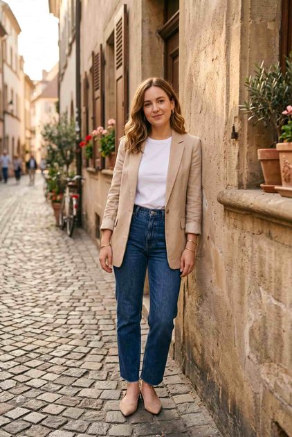 Woman wearing white tee, jeans, beige blazer, and nude flats leaning against a wall.