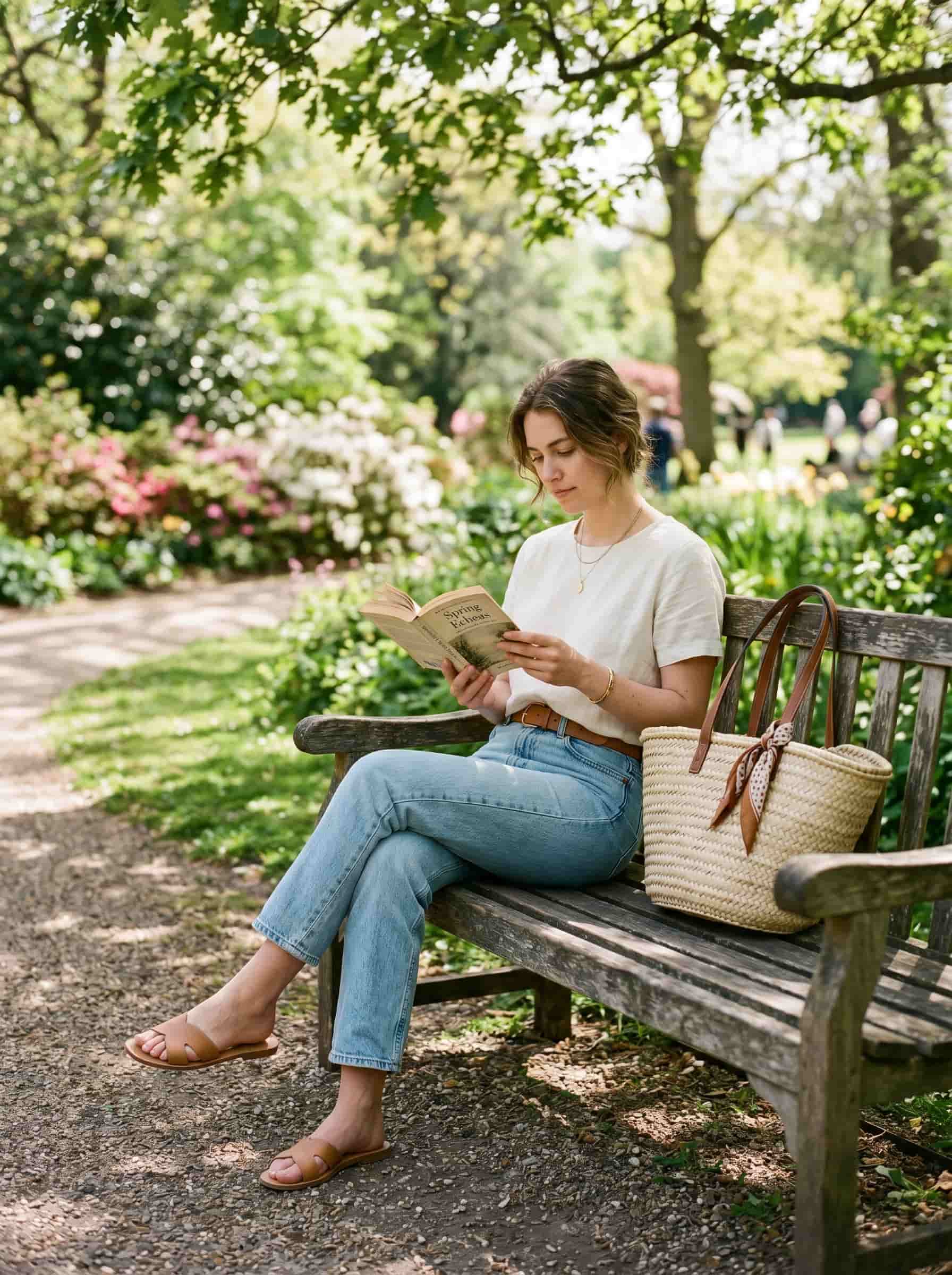 Woman wearing cream linen tee, light wash jeans, and sandals sitting on a park bench with a tote.