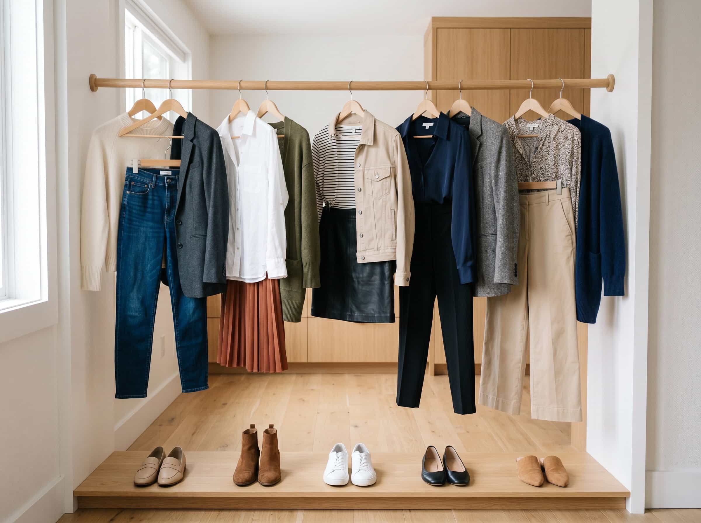 Outfit formula closet organization system Polished Intent Closet rail with complete outfits hung together on single hangers with matching shoes below.