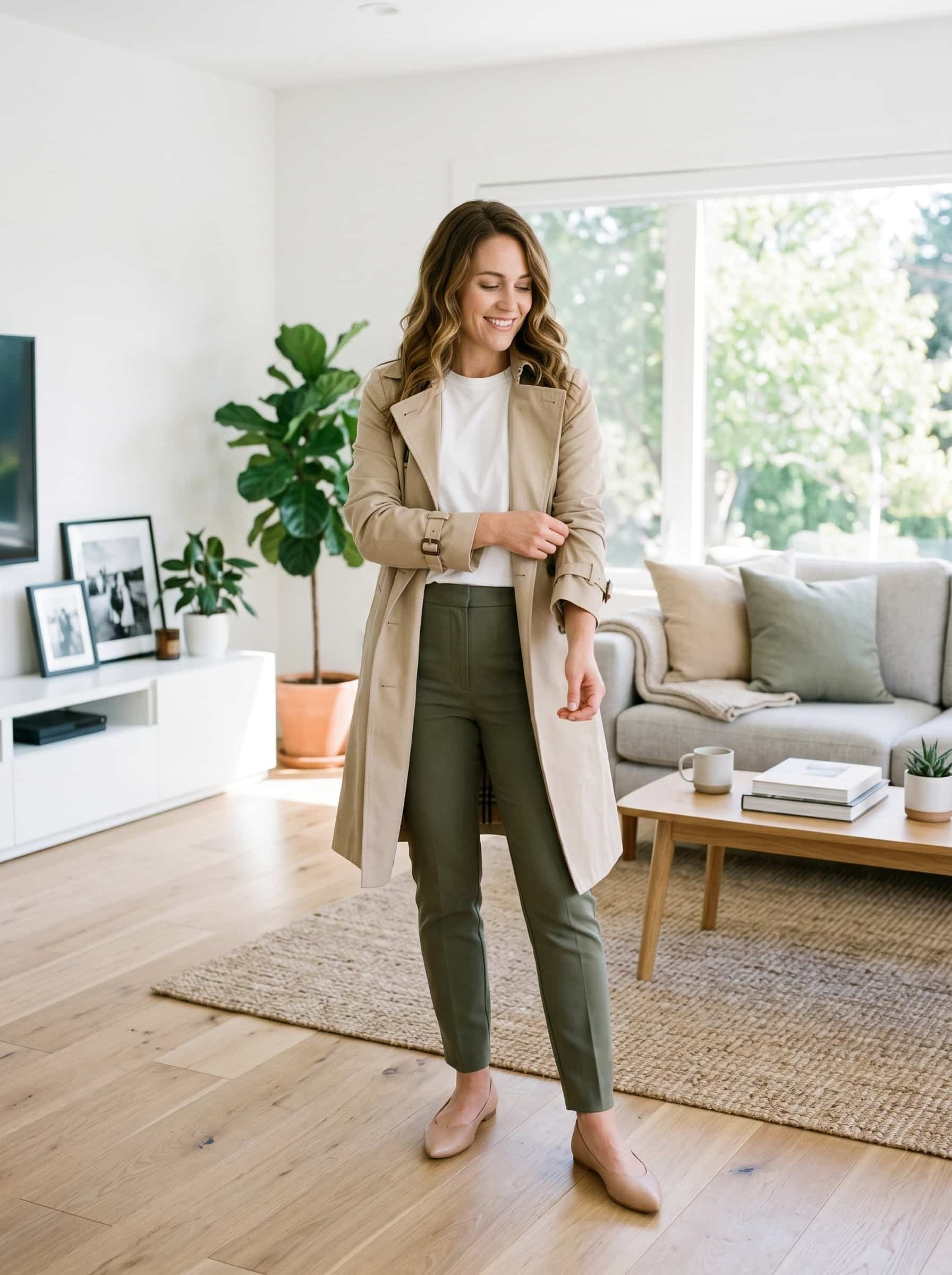 Everyday basics outfit white tee trench coat and trousers Polished Intent Woman wearing white tee, olive trousers, beige trench coat, and nude flats in a bright living room.