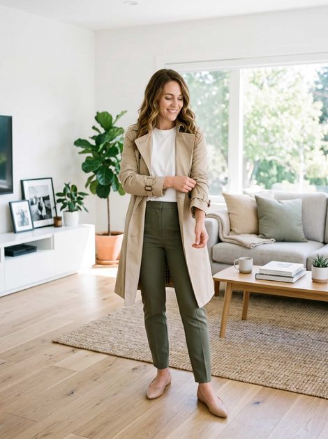 Everyday basics outfit white tee trench coat and trousers Polished Intent Woman wearing white tee, olive trousers, beige trench coat, and nude flats in a bright living room.