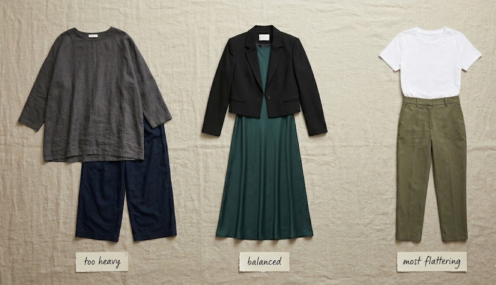 Proportion comparison flat lay outfit combos Polished Intent Three outfit combinations comparing poor and good proportions, labeled in flat lay.