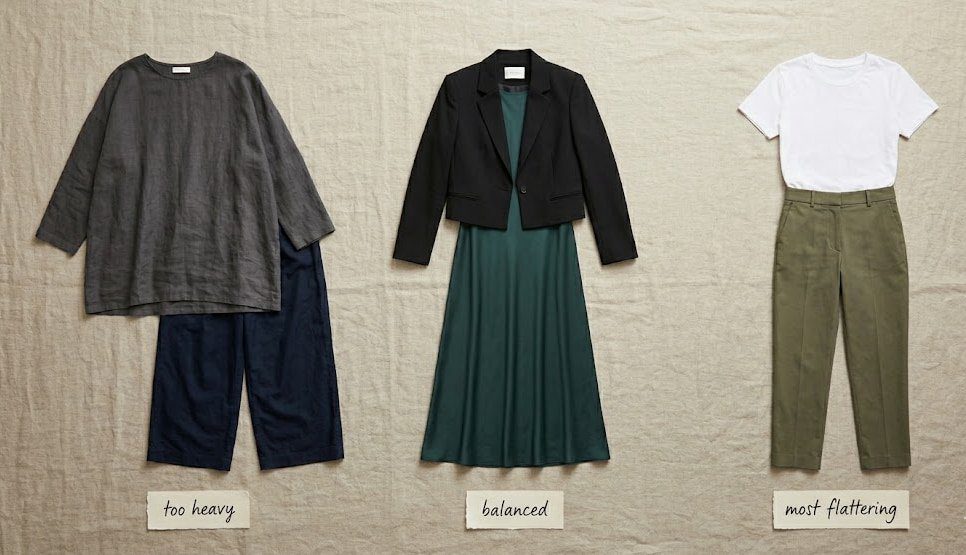 Three outfit combinations comparing poor and good proportions, labeled in flat lay.