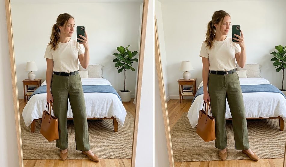 Elevated tee and trousers polished effortless outfit mirror selfie Polished Intent Woman in mirror wearing cream tee tucked into olive wide-leg trousers with belt and flats, holding a tan bag.