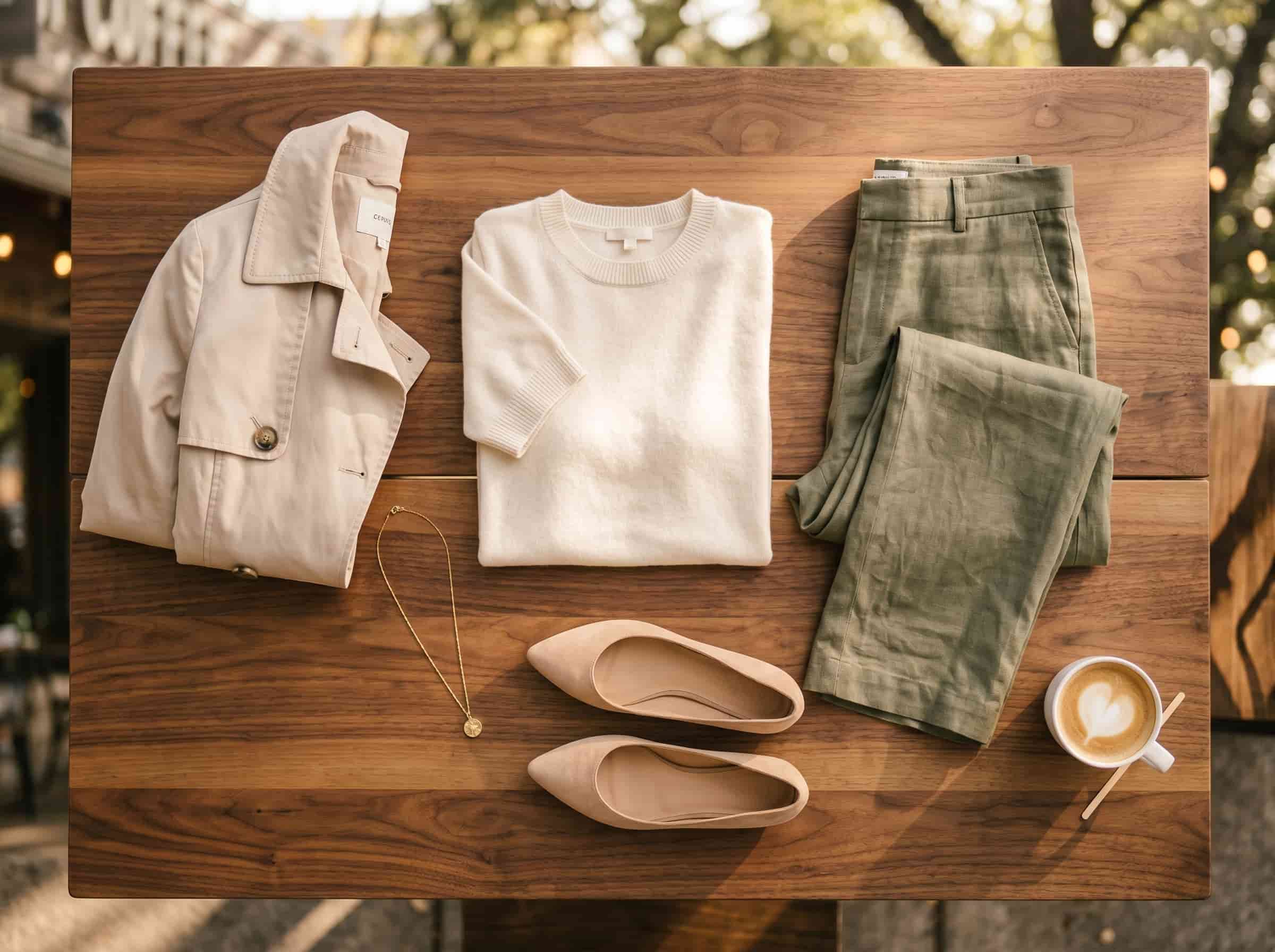Coffee date outfit formula flat lay Polished Intent Flat lay of coffee date outfit pieces including cream top, olive trousers, flats, necklace, and trench coat.