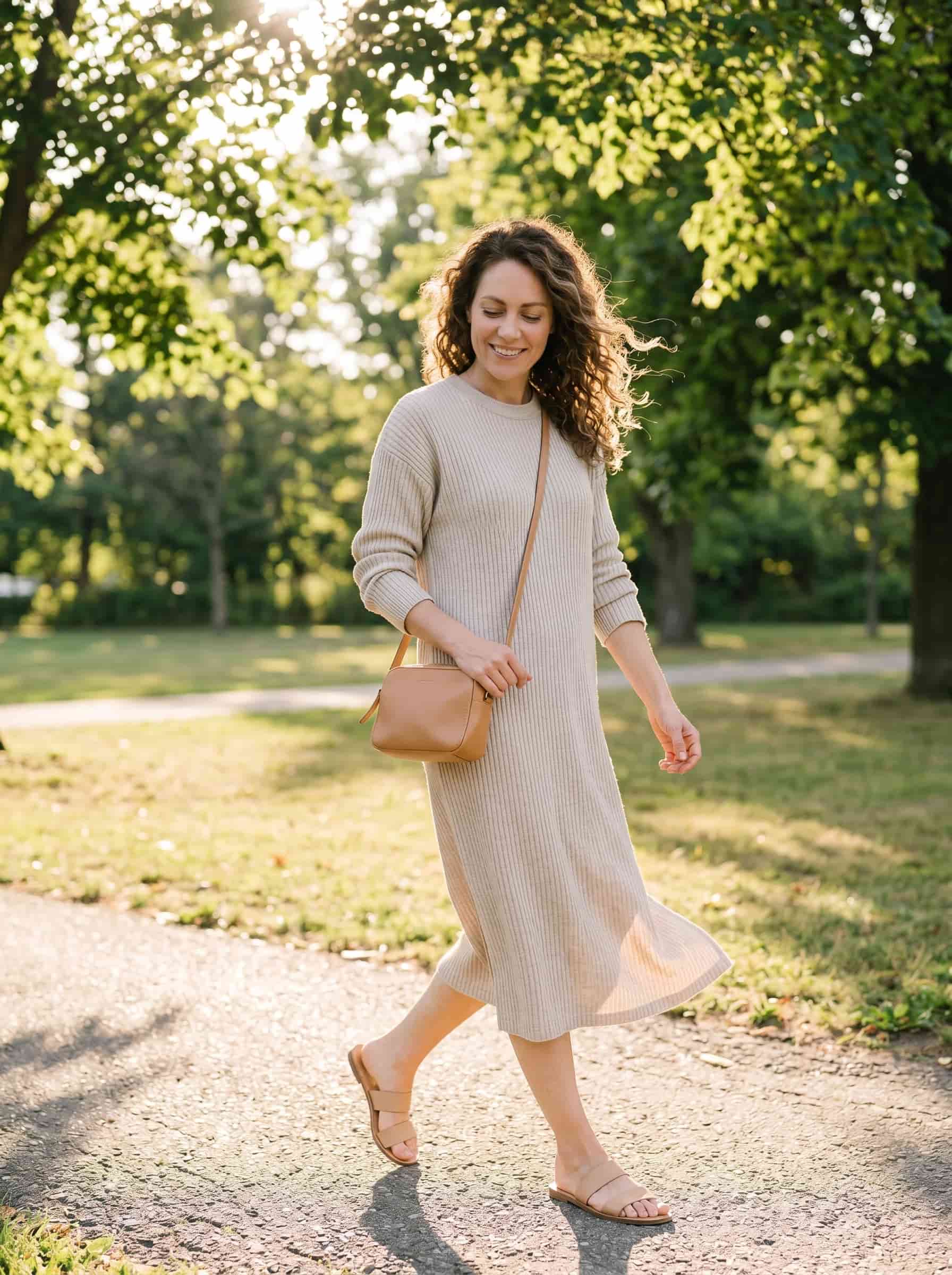 Knit midi dress weekend outfit relaxed polished Polished Intent Woman wearing oatmeal knit midi dress and nude sandals walking in a sunny park.