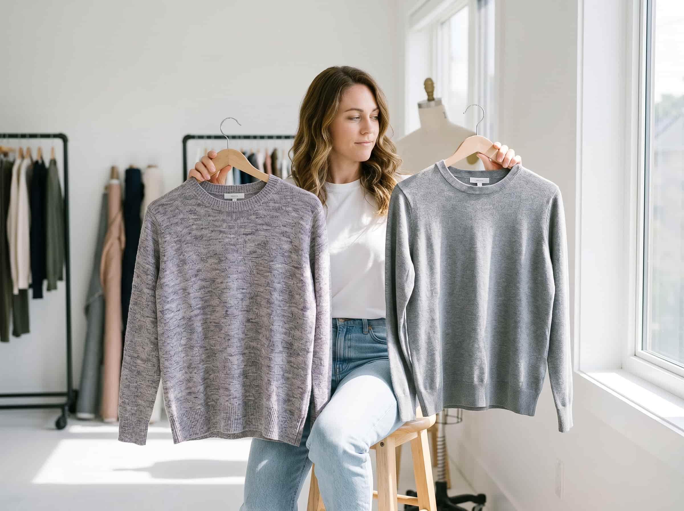 Color complexity comparison sweater choosing quality Polished Intent Woman comparing two grey sweaters in natural light, one flat color and one rich heathered tone.