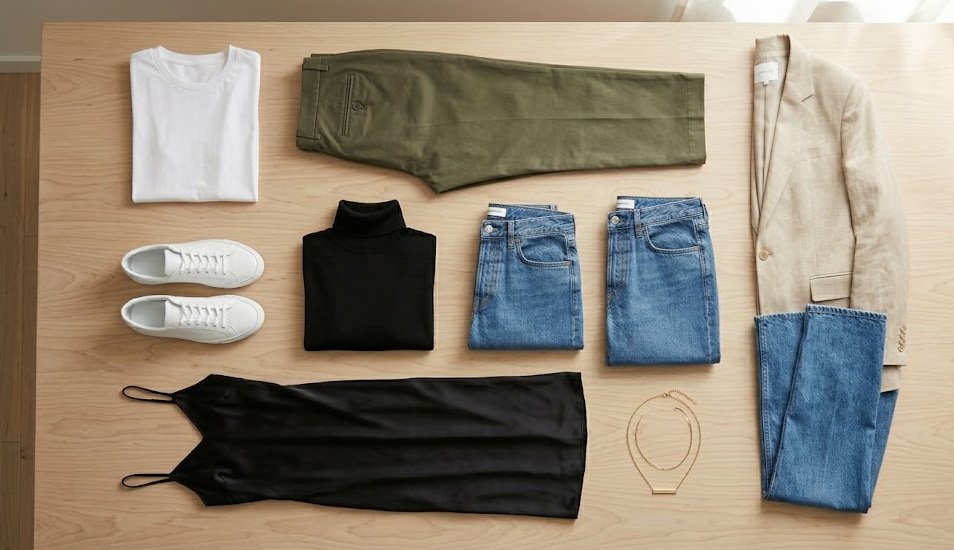 Expensive-looking affordable pieces flat lay Polished Intent Flat lay of affordable wardrobe pieces that look expensive, including blazer, tee, trousers, dress, jeans, and accessories.