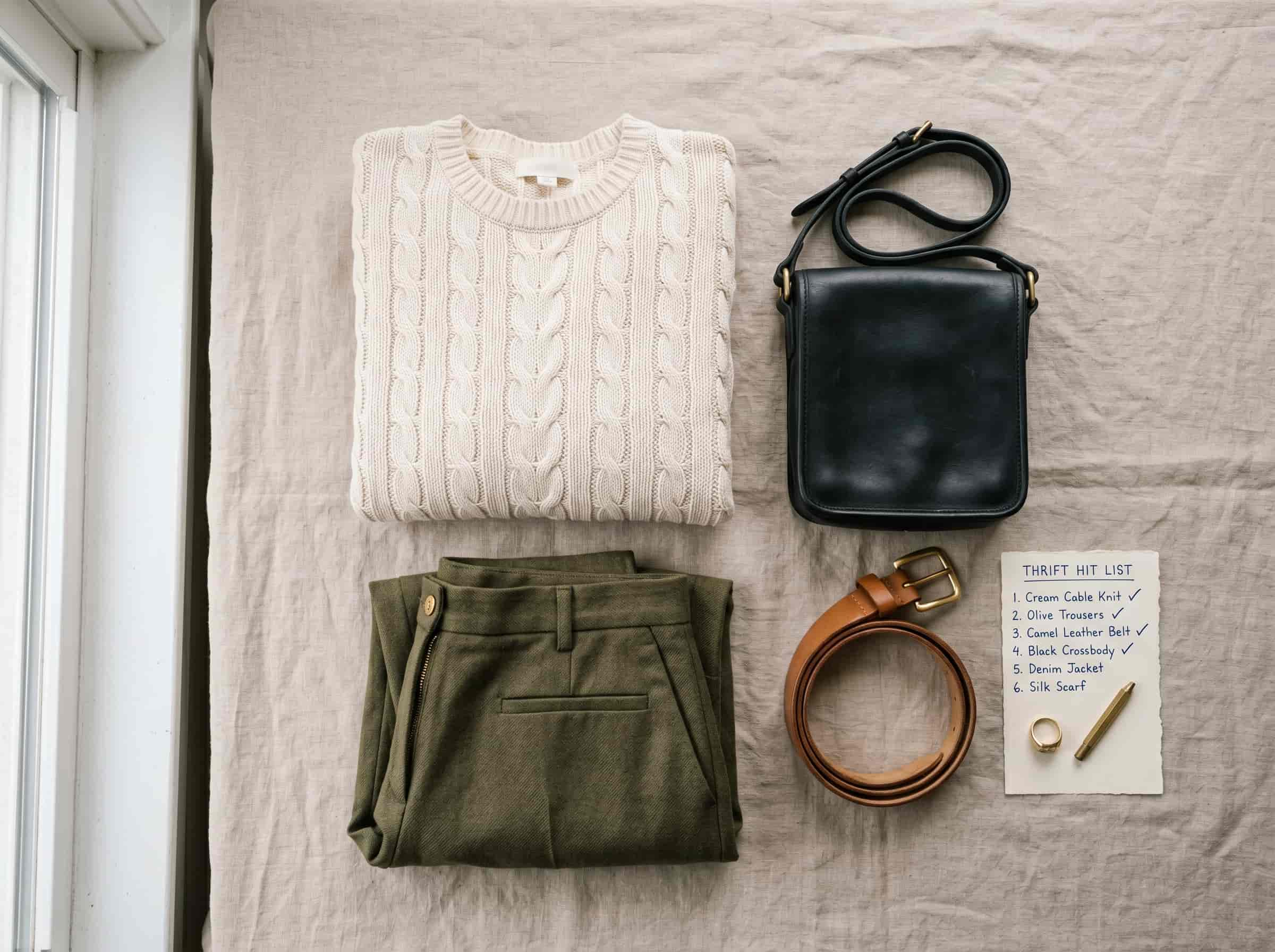 Thrifted wardrobe basics flat lay Polished Intent Flat lay of thrifted wardrobe basics including sweater, trousers, leather belt, and bag with a hit list.