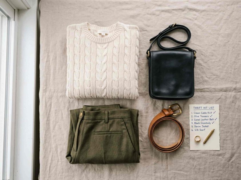Flat lay of thrifted wardrobe basics including sweater, trousers, leather belt, and bag with a hit list.
