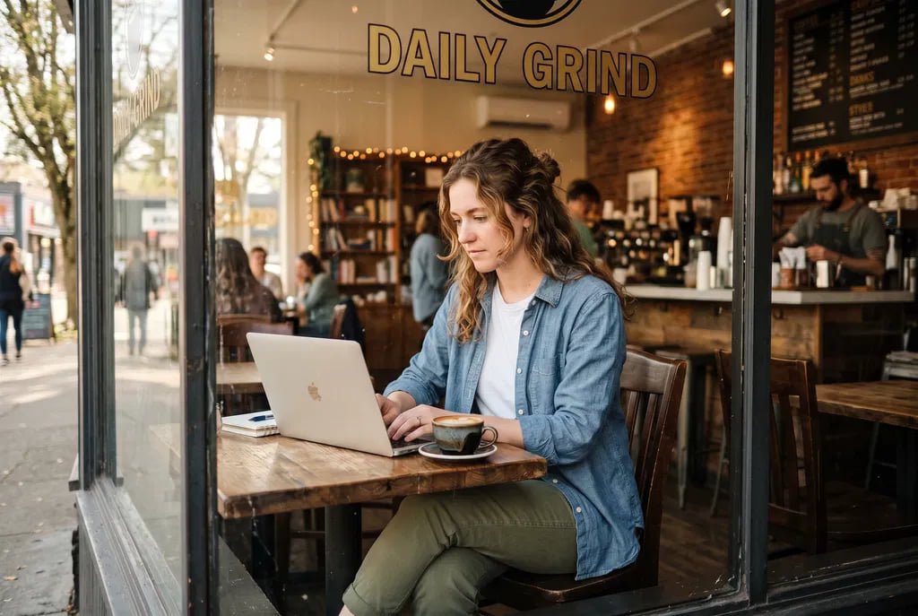 Solo coffee date work outfit chambray and trousers Polished Intent Woman in chambray shirt and olive trousers working on a laptop at a coffee shop table.