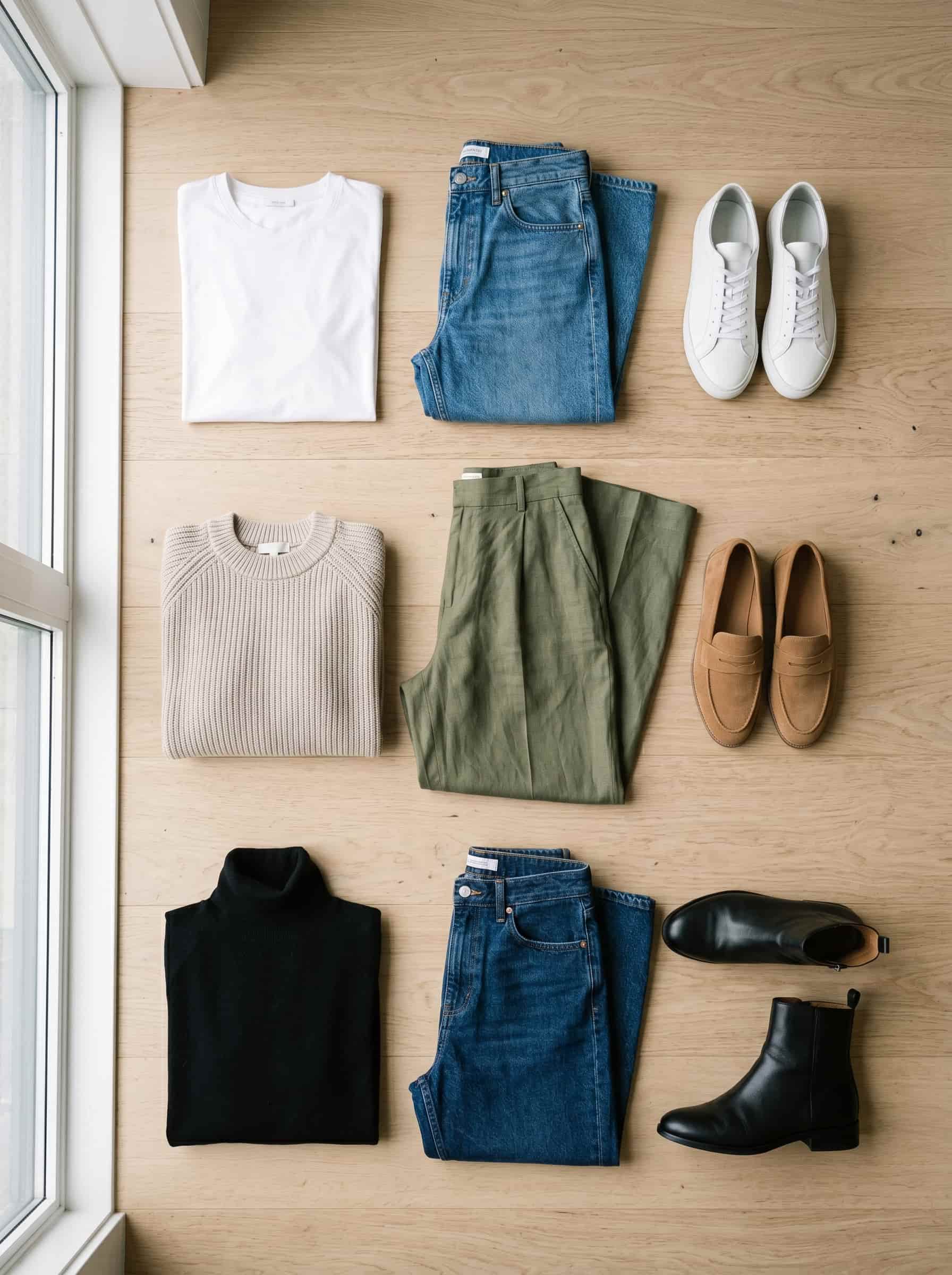 Three casual outfit formulas flat lay showing top, bottom, and shoes for each variation.

