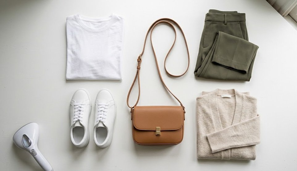Affordable pieces that never look cheap flat lay Polished Intent Flat lay of affordable polished wardrobe pieces including white tee, trousers, bag, sneakers, and cardigan with a steamer.