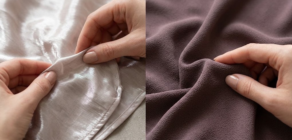 Cheap fabric vs quality matte fabric comparison Polished Intent Side-by-side comparison of shiny cheap fabric and matte quality fabric on a white background