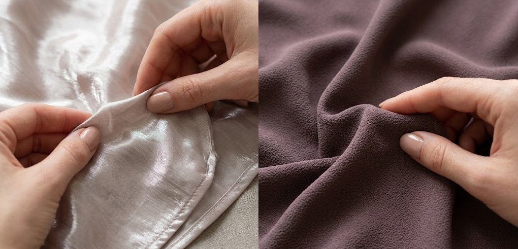 Cheap fabric vs quality matte fabric comparison Polished Intent Side-by-side comparison of shiny cheap fabric and matte quality fabric on a white background