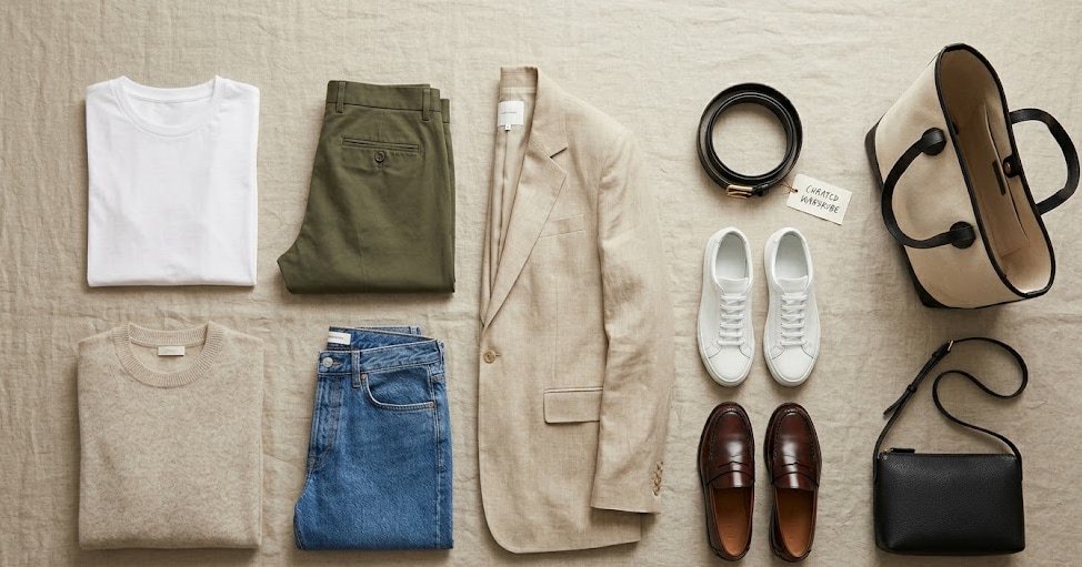 Ten essential wardrobe basics flat lay Polished Intent Flat lay of ten wardrobe basics including white tee, sweater, jeans, trousers, blazer, belt, sneakers, loafers, tote, and crossbody bag.