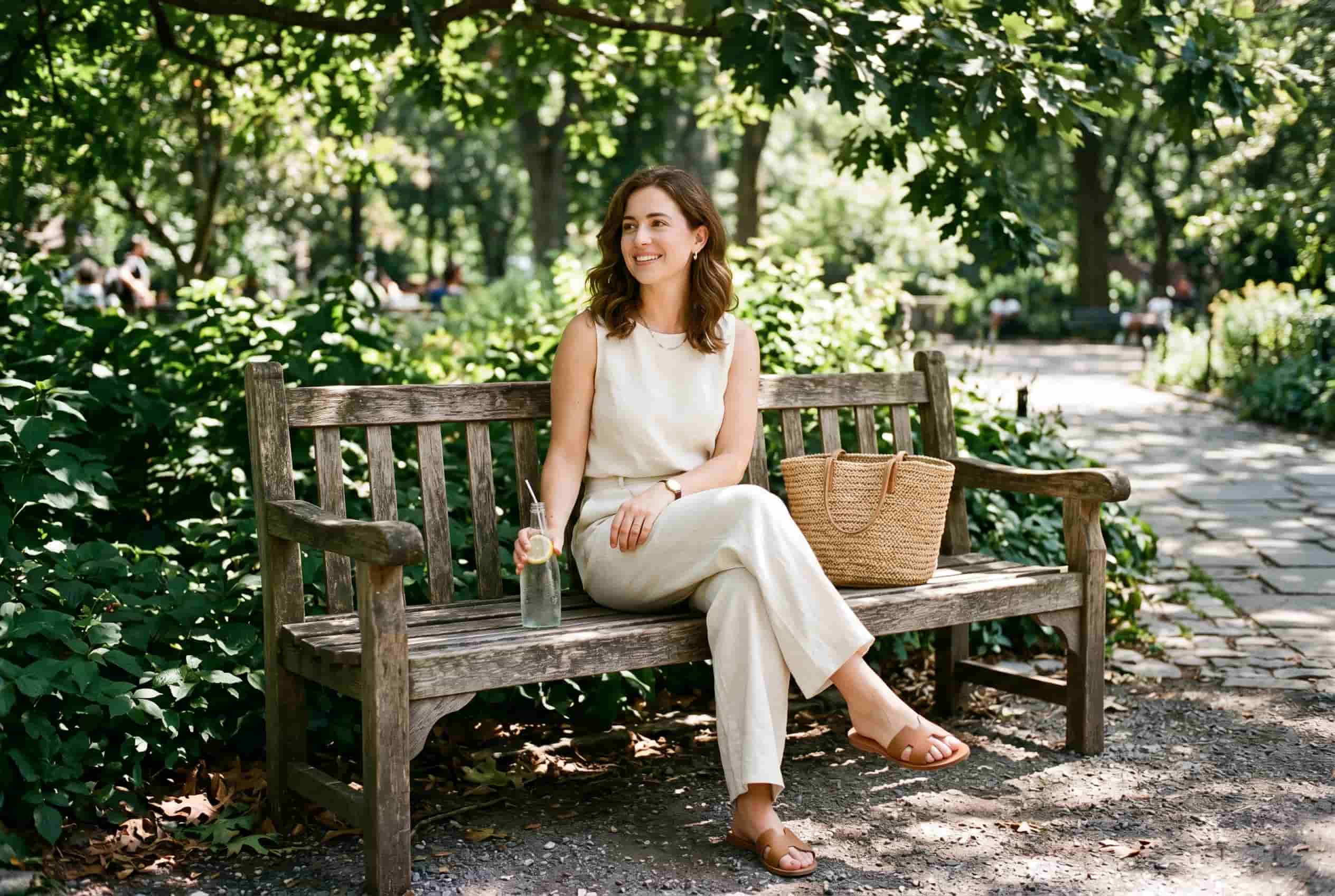 Woman wearing cream sleeveless linen set with wide-leg trousers on a shaded park bench.