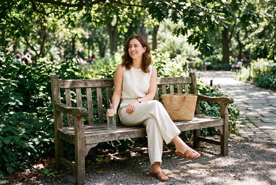 Woman wearing cream sleeveless linen set with wide-leg trousers on a shaded park bench.