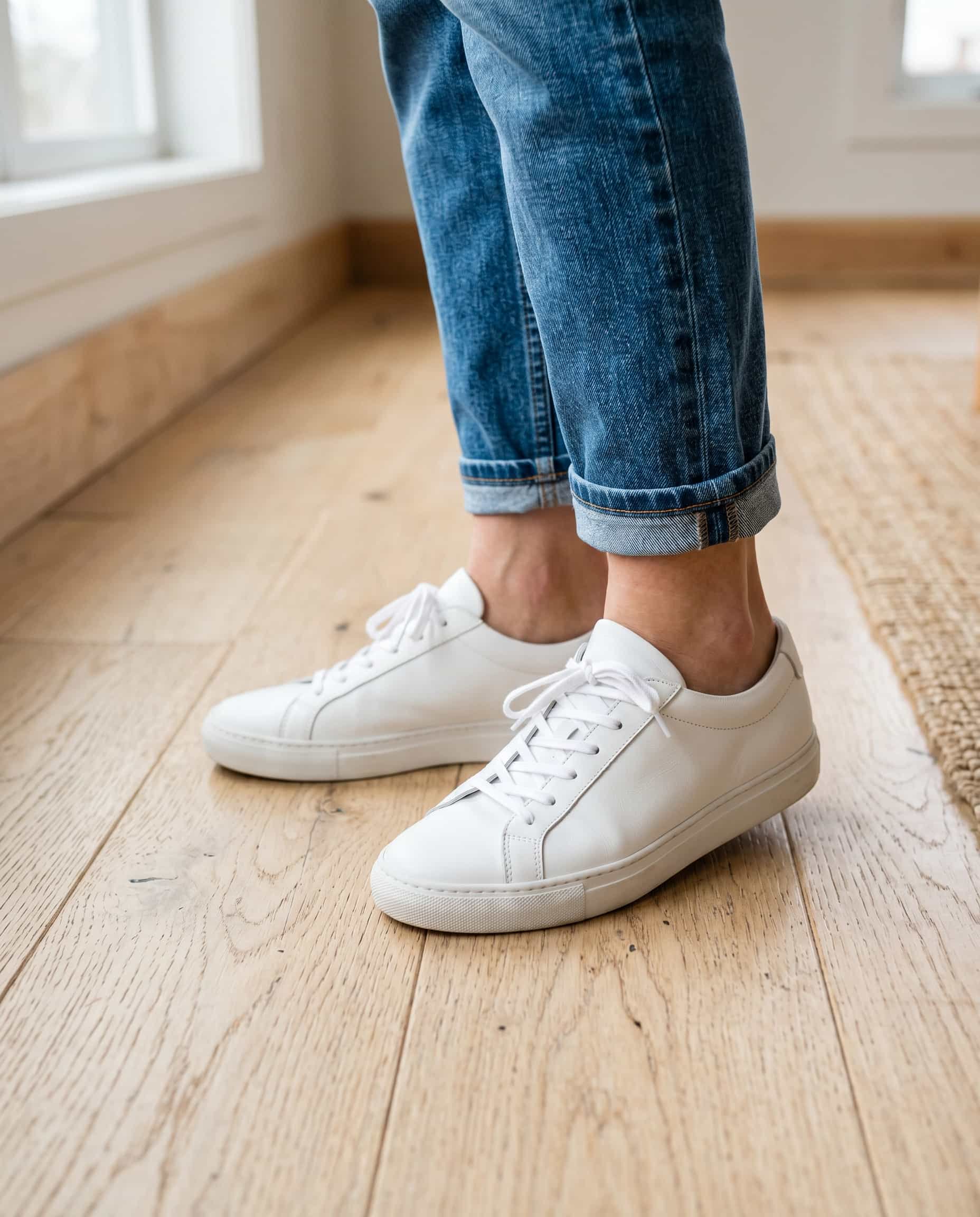 White sneakers with cuffed jeans shoe outfit detail Polished Intent Feet in clean white leather sneakers standing next to cuffed straight-leg jeans on a wooden floor.