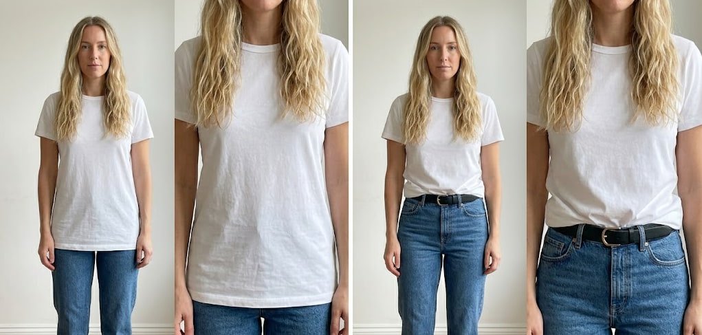 Front tuck proportion fix before after Polished Intent Woman wearing white shirt untucked on the left versus front-tucked on the right, demonstrating proportion fix.