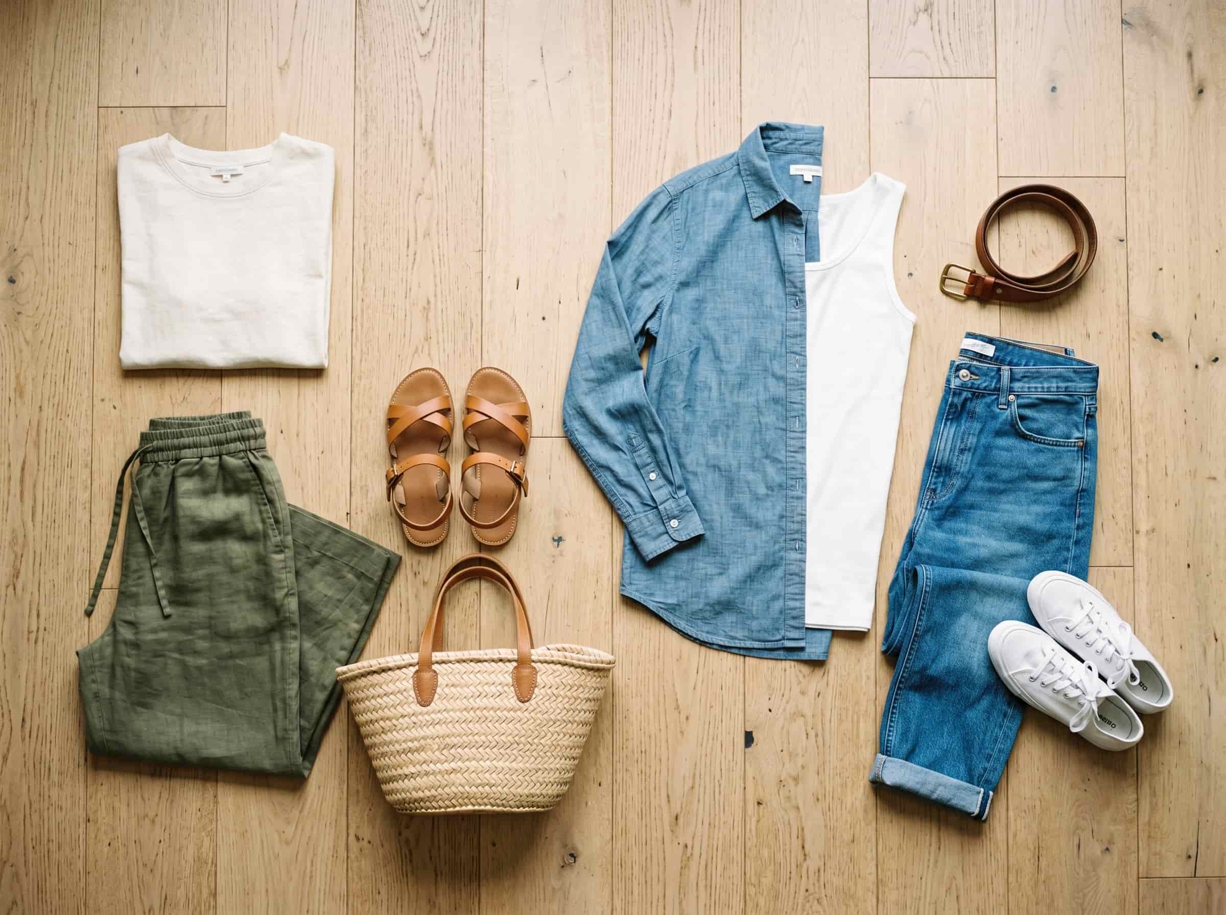 Weekend outfit flat lay relaxed intentional style Polished Intent Flat lay of two relaxed weekend outfits with linen tee, chambray shirt, jeans, trousers, sandals, and sneakers.