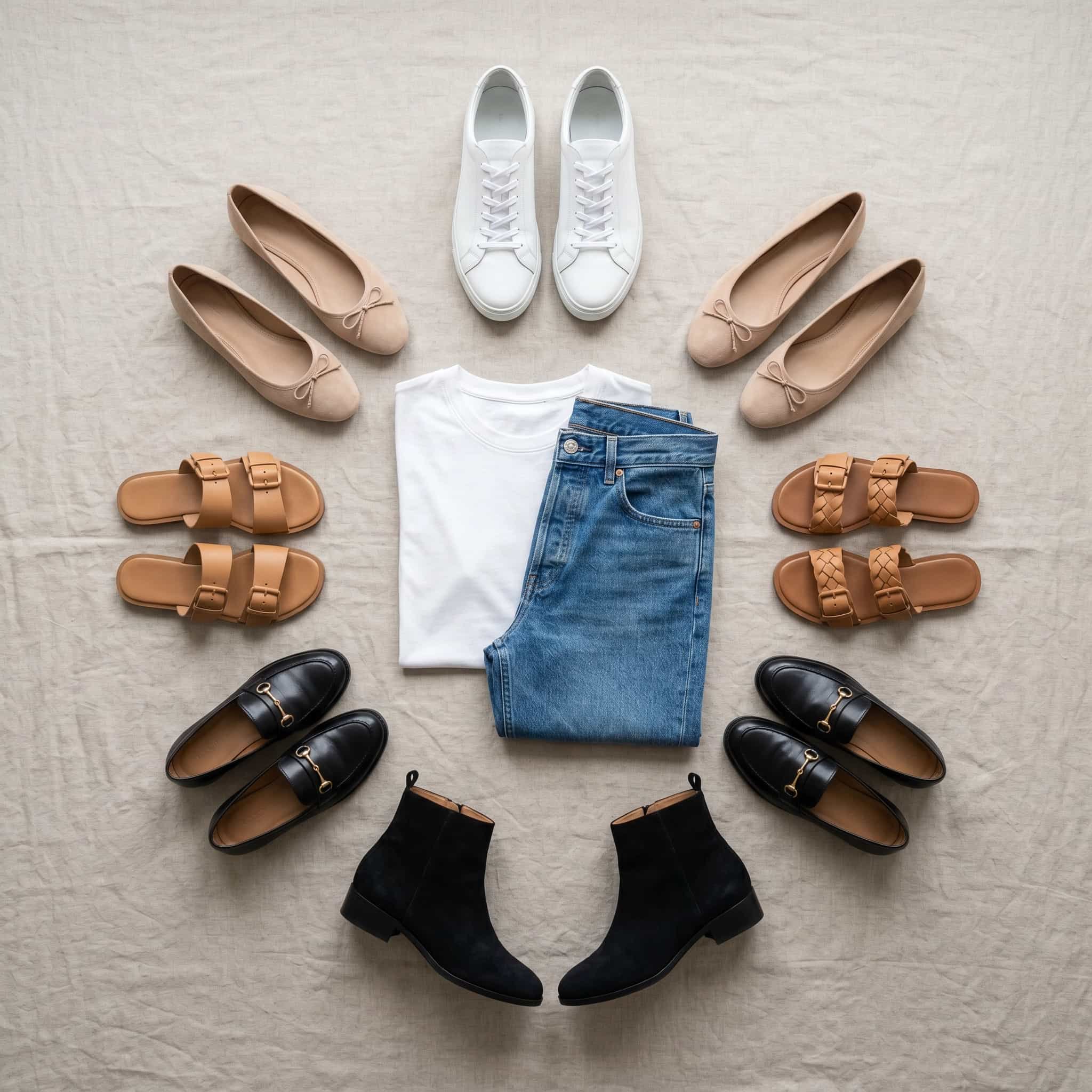 One outfit five shoe options flat lay Polished Intent Flat lay of white tee and jeans surrounded by five shoe styles showing outfit versatility.