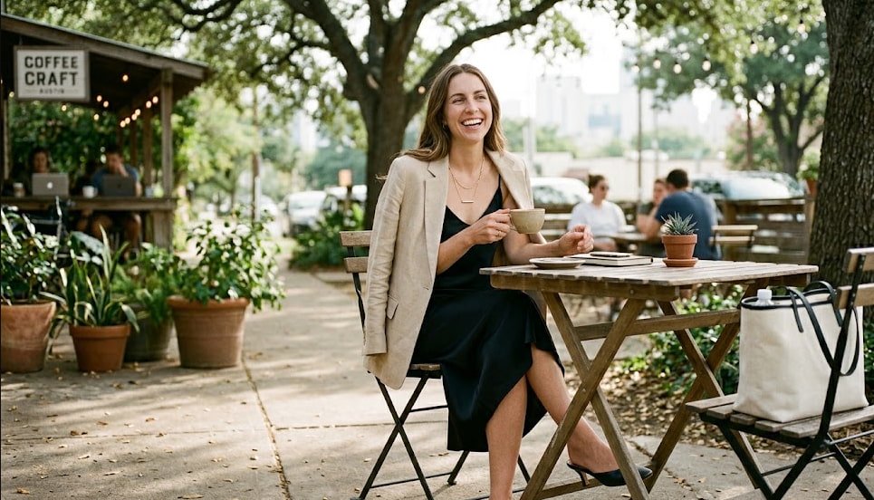 Slip dress and blazer outfit formula Polished Intent Woman wearing a slip dress and relaxed blazer with low-heel mules at an outdoor cafe.