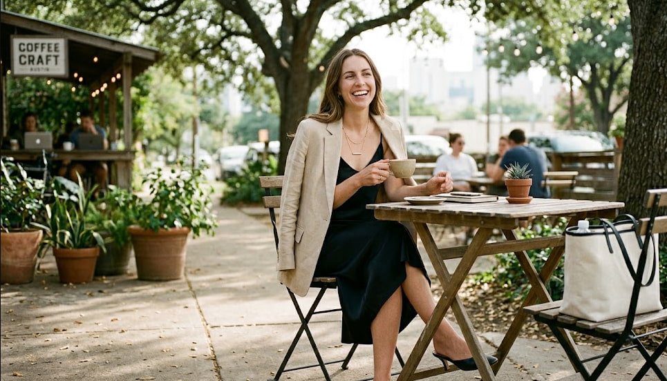 Woman wearing a slip dress and relaxed blazer with low-heel mules at an outdoor cafe.