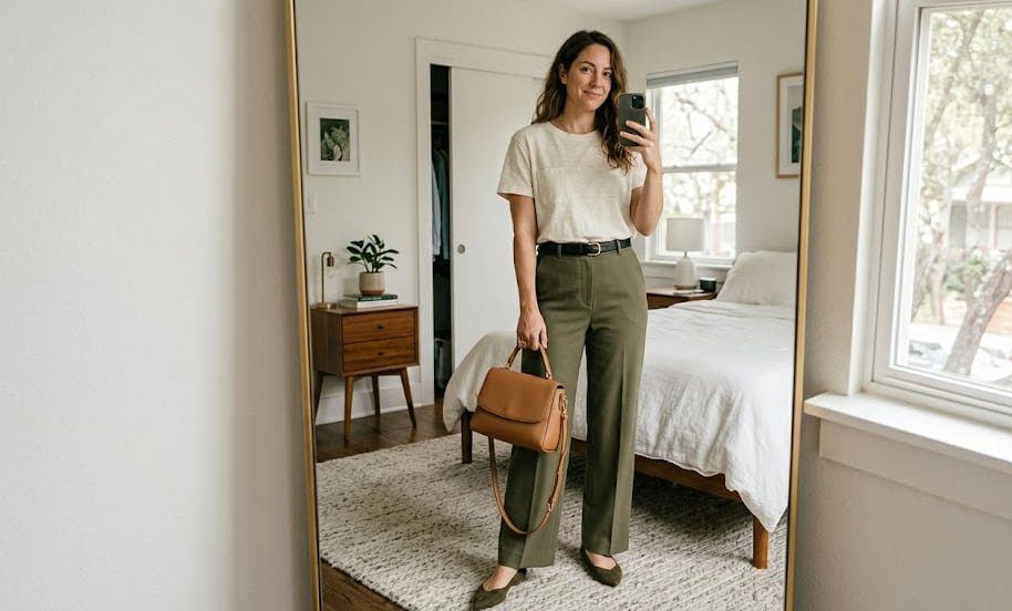 Proportion fix front tuck ankle crop outfit before after Before and after comparison of the same outfit with and without proportion fixes like front tuck and ankle crop.