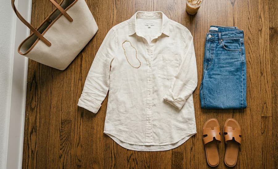 Effortless polished outfit flat lay ivory linen and jeans Polished Intent Flat lay of ivory linen shirt, jeans, slide sandals, gold necklace, and canvas tote for effortless outfit.