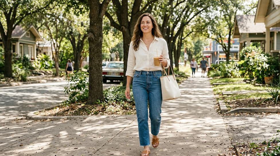 Effortless polished casual outfit Austin street style Polished Intent Woman wearing ivory linen shirt, jeans, and slide sandals holding iced coffee on a sunny street.