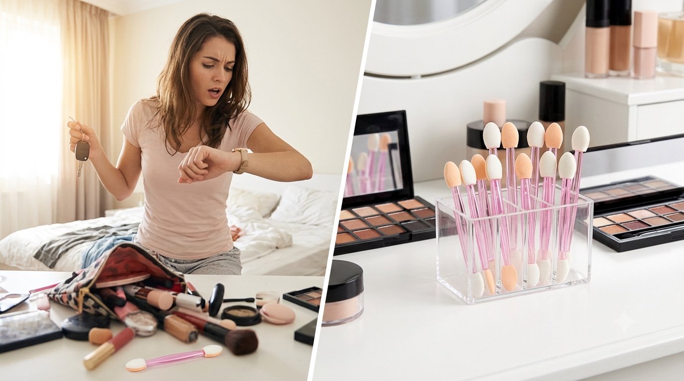 Woman rushing in morning and Akstore disposable double-ended eyeshadow applicators for quick makeup