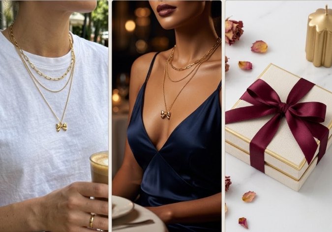 Poxtex layered necklace set worn casually, dressed up, and as a gift