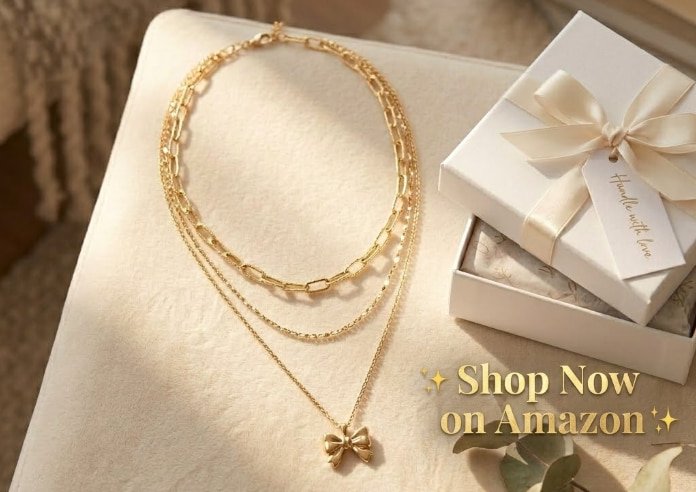 Three layered 14K gold plated necklaces from Poxrest on cream velvet with gift box, elegant jewelry set for women, hypoallergenic and gift-ready